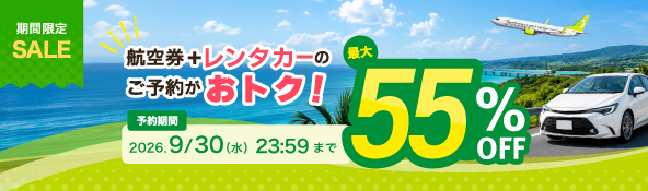 期間限定SALE 航空券+レンタカーのご予約がおトク!! 予約：2026年8月25日（火）0:00～ 最大55%OFF