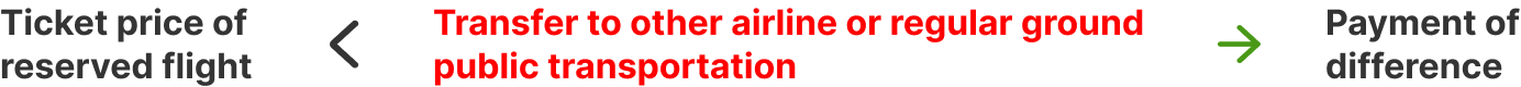 - The cost of transferring to other airliner or a regular ground public transportation is higher than the ticket price of the reserved flight, we will refund and pay the difference.