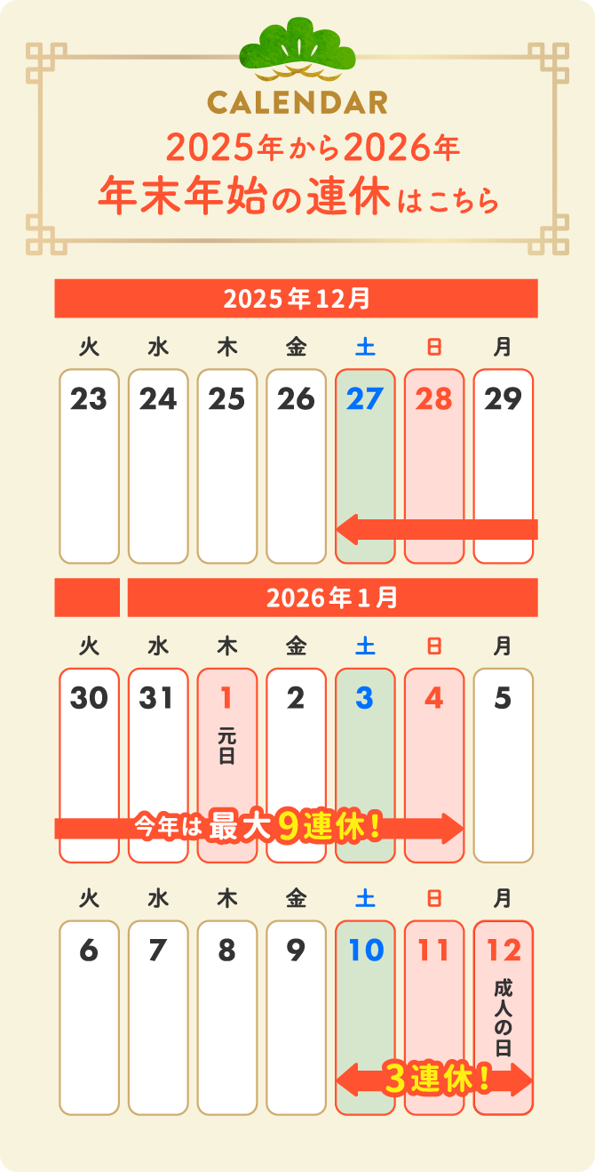 2025年から2026年 年末年始のカレンダー