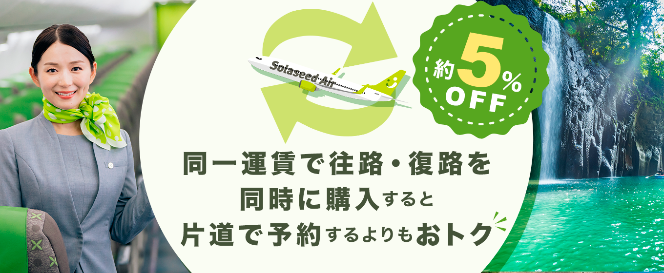 同一運賃で往路・復路を同時に購入すると、片道で予約するよりもおトク 約5%OFF