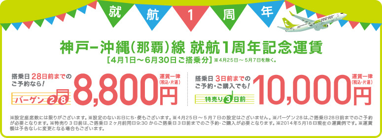 神戸-沖縄 就航1周年記念運賃
