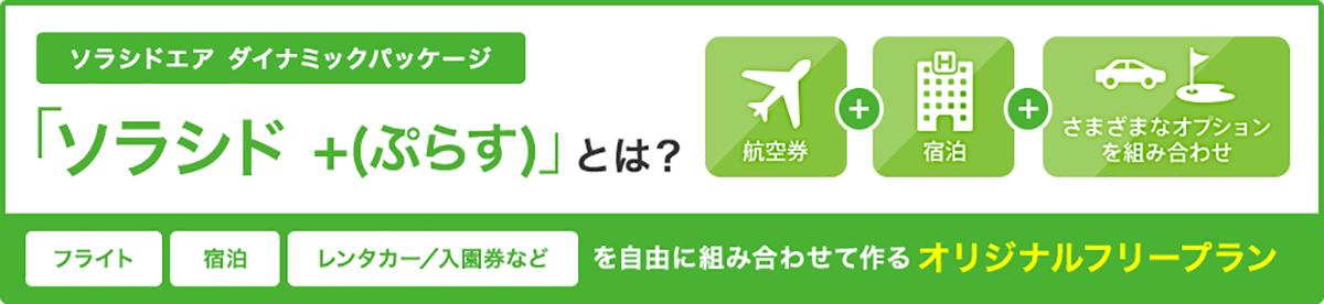 ソラシドエア ダイナミックパッケージ「ソラシド＋（ぷらす）」とは？航空券＋宿泊＋さまざまなオプションを組み合わせ フライト 宿泊 レンタカー/入園券などを自由に組み合わせて作るオリジナルフリープラン